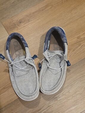 Hey Dude Light Gray Slip-Ons with Navy Accents